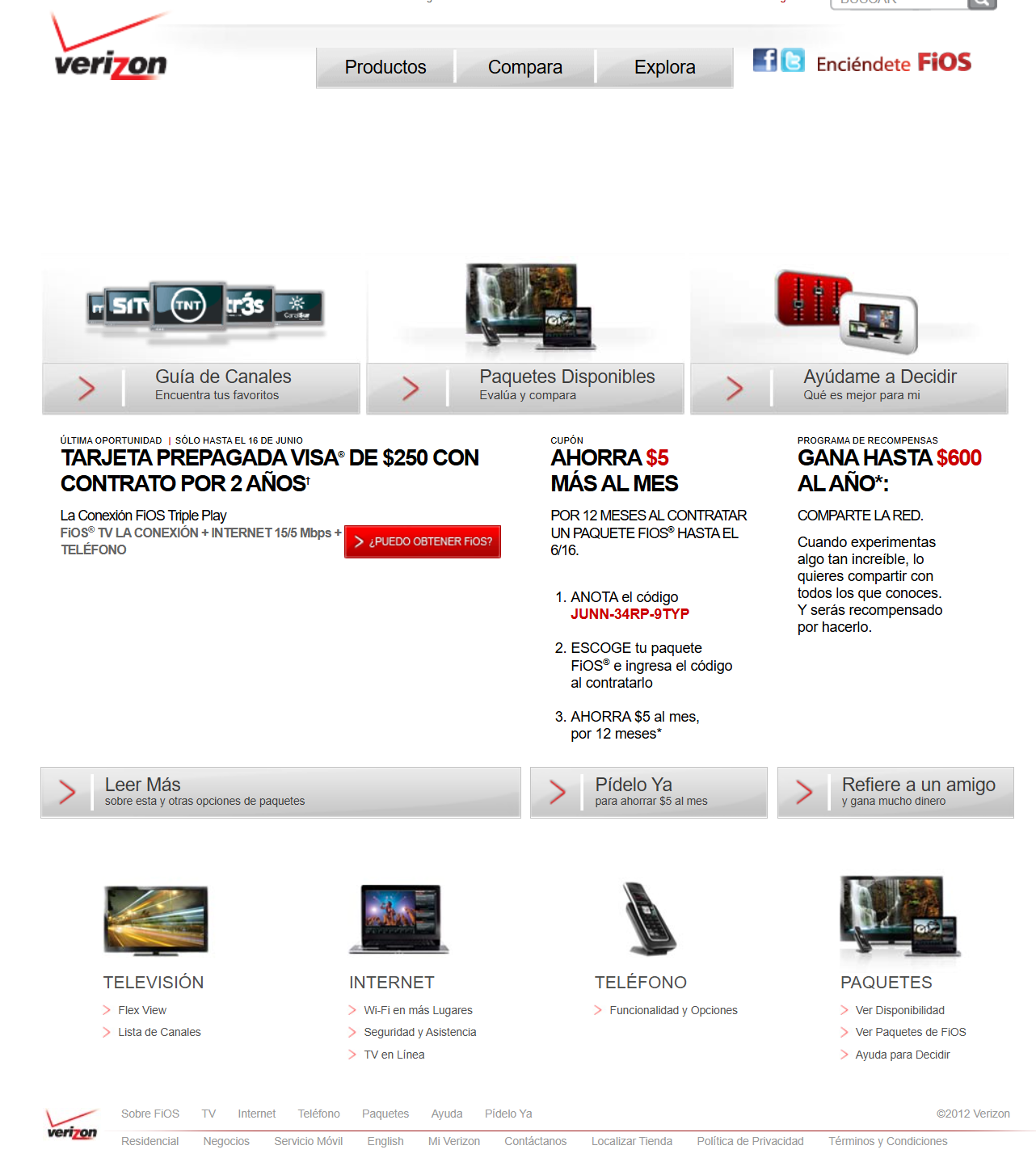 Screenshot of the Verizon Fiber Optic Latino Website
